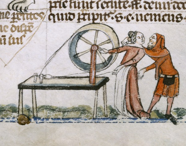 Bas-de-page scene showing man about to embrace a woman at her spinning wheel
