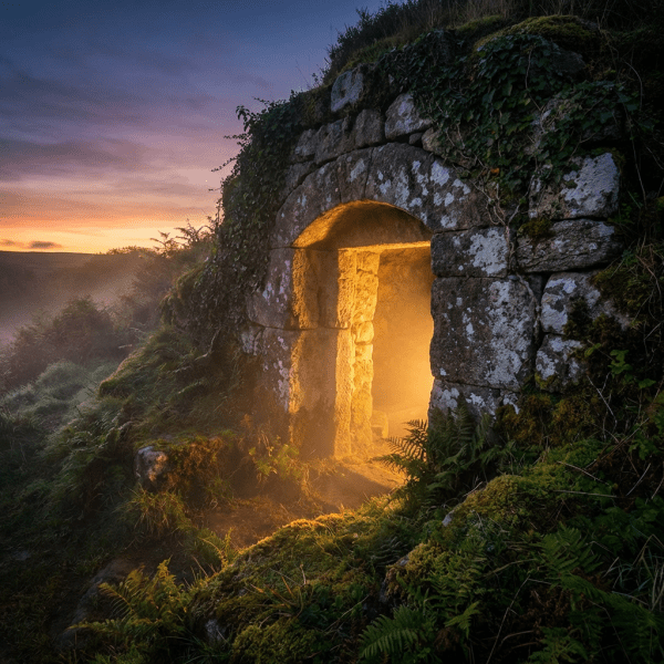 Glowing stone doorway in a mossy hillside under a colorful sunset sky.