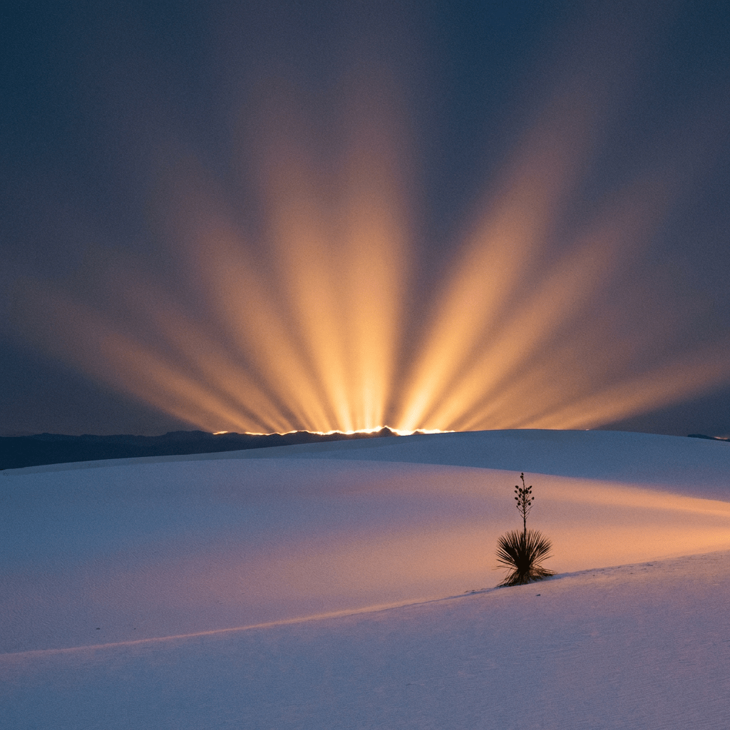 Radiant sunbeams over white sand dunes with a solitary yucca plant in the foreground.
