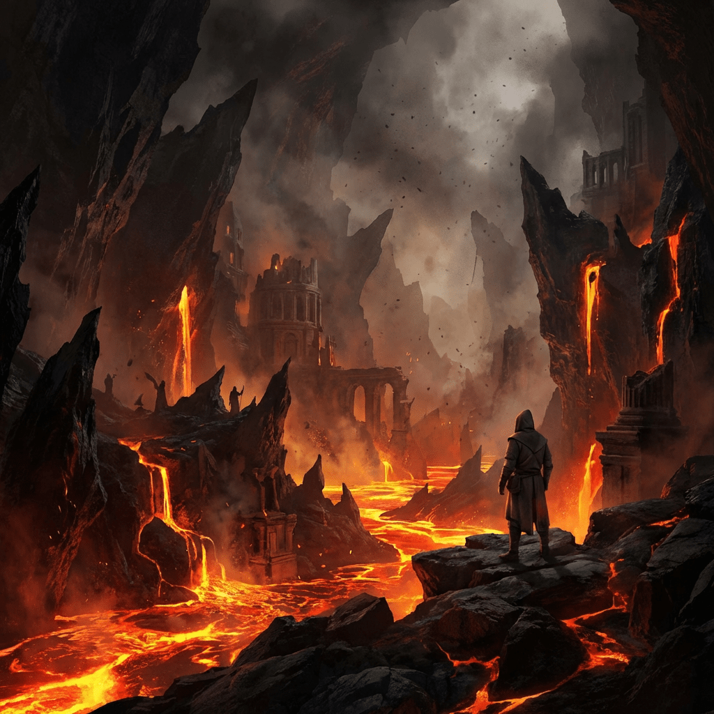 A hooded figure overlooks a dark canyon with rivers of glowing orange lava and ruined buildings.