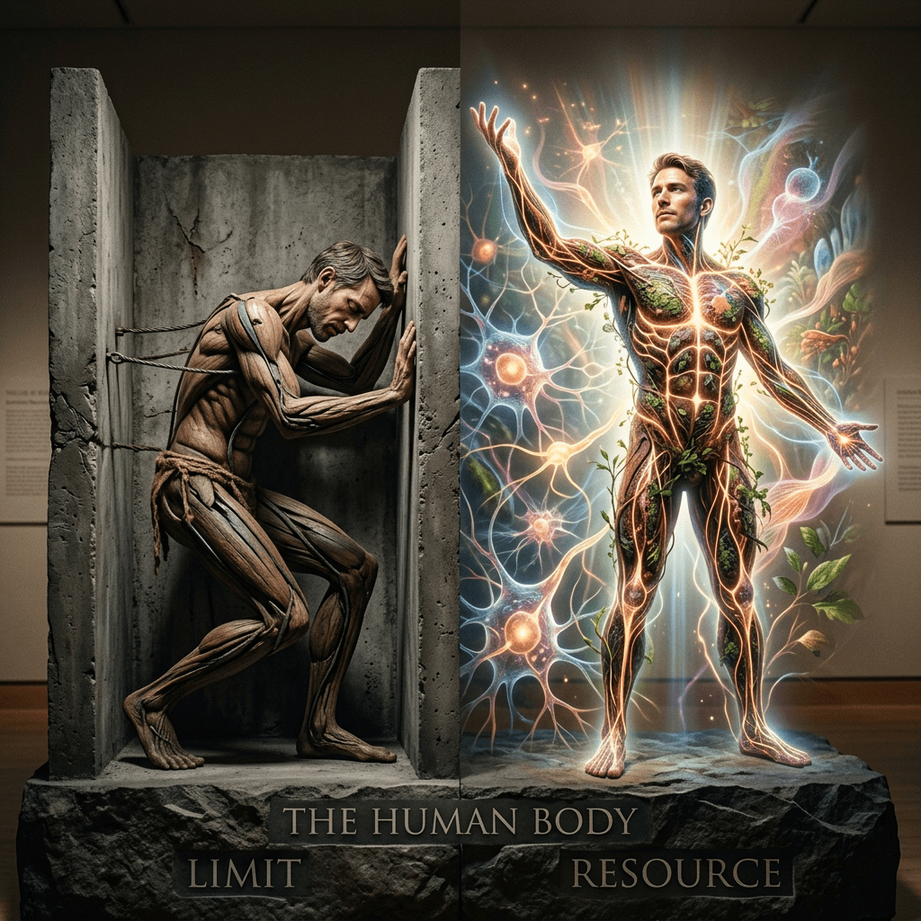 Sculpture of a human figure divided into strained, bound left side and radiant, vibrant right side