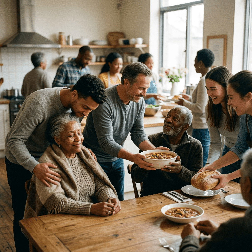 Family members serving and sharing food at a wooden dining table