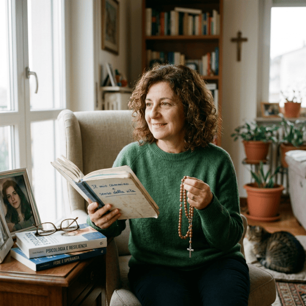 Woman reading a book labeled “Il mio cammino ... senso della vita” while holding a rosary; nearby books read “PSICOLOGIA E RESILIENZA” and “FEDE E SPERANZA.”